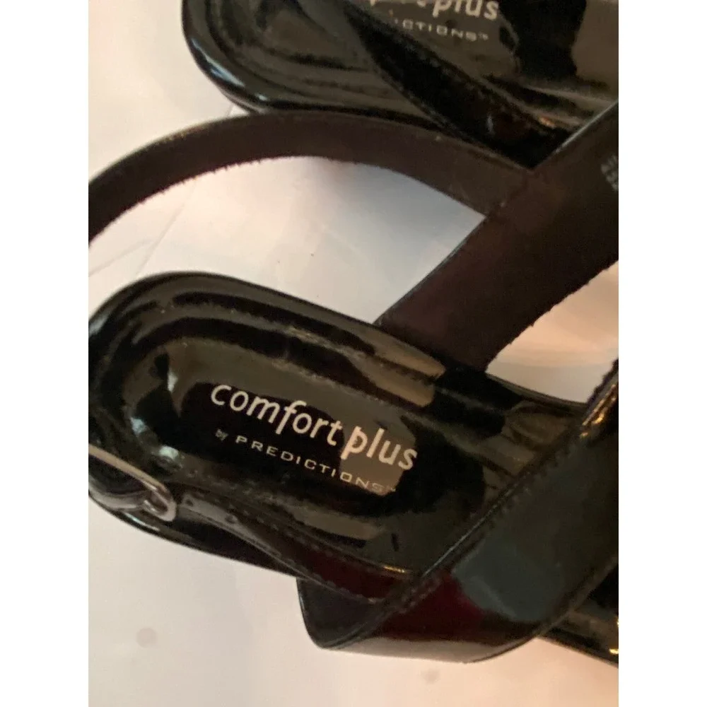 Comfort Plus by Predictions Sz 8.5 Black Patent T-Strap Wedge‎ Sandals Rose Gold